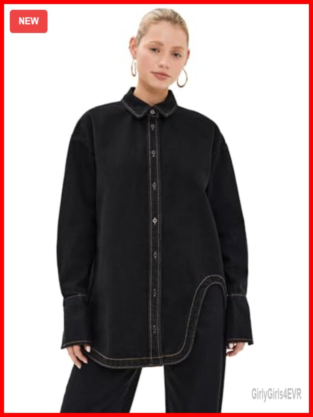 Off Duty Denim Button-Down Shirt Asymmetrical Hem Collared Long Sleeve